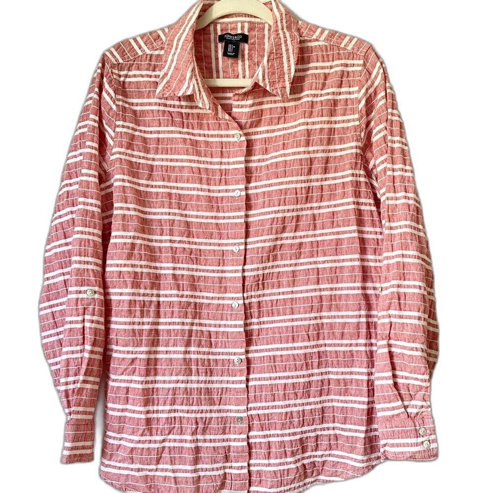 Jones New York Red White Stripe Linen Button Up Shirt Size Large